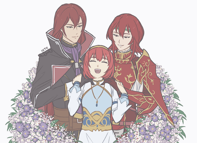 1boy 2girls armor blush brother_and_sister cape closed_eyes fire_emblem fire_emblem:_mystery_of_the_emblem flower gloves headband iktk long_hair maria_(fire_emblem) minerva_(fire_emblem) misheil_(fire_emblem) multiple_girls nintendo open_mouth red_armor red_eyes red_hair short_hair siblings simple_background sisters smile