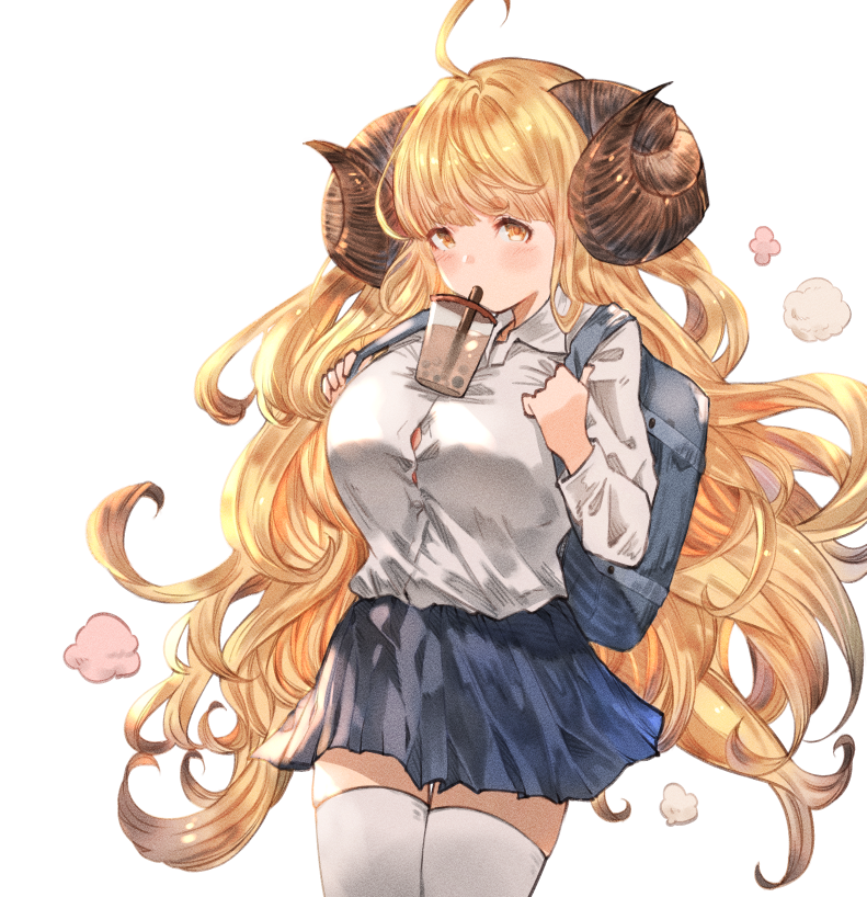 1girl ahoge anila_(granblue_fantasy) ayacho blonde_hair breasts bubble_tea bubble_tea_challenge drinking granblue_fantasy horns large_breasts long_hair looking_at_viewer object_on_breast skirt solo thick_eyebrows thighhighs very_long_hair yellow_eyes