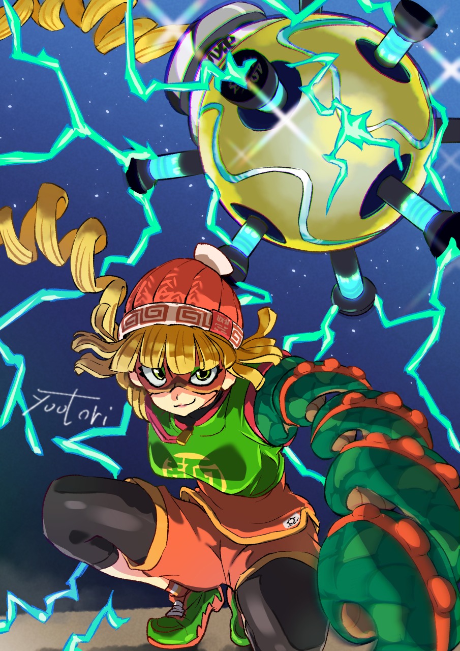 1girl arms_(game) beanie blonde_hair chest_guard domino_mask electricity eye_mask green_eyes green_shoes hat highres leggings_under_shorts mask megawatt_(arms) min_min_(arms) on_one_knee orange_shirt orange_shorts shirt shoes short_hair shorts signature sneakers solo you_bird