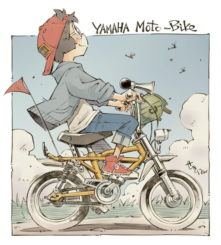 1girl backwards_hat bicycle bike_horn blue_pants blue_sky bug capri_pants dragonfly from_side hat insect jacket open_clothes open_jacket original outdoors pants profile red_footwear red_hat riding riding_bicycle round_eyewear sekihan shirt short_hair sky smile solo sunglasses white-framed_eyewear yamaha