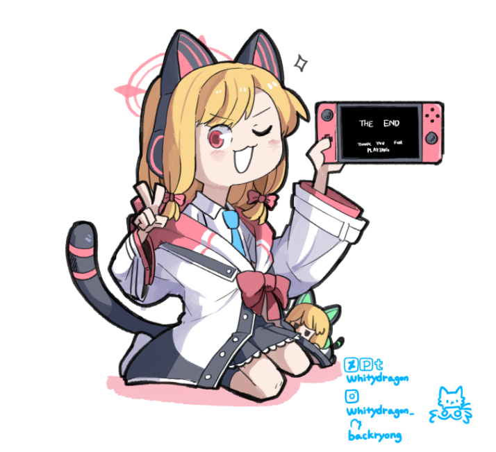 2girls animal_ear_headphones animal_ears blonde_hair blue_archive blue_necktie bow character_doll collared_shirt commentary deviantart_logo deviantart_username english_commentary english_text fake_animal_ears fake_tail full_body green_halo hair_bow halo handheld_game_console headphones holding holding_handheld_game_console instagram_logo instagram_username long_sleeves low-tied_sidelocks midori_(blue_archive) momoi_(blue_archive) multiple_girls necktie one_eye_closed open_mouth pink_halo pixiv_logo pixiv_username red_eyes shirt sidelocks sitting smile solo_focus tail teeth tumblr_logo tumblr_username twitter_logo twitter_username whitydragon