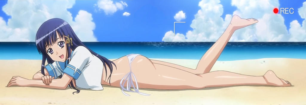 15_bishoujo_hyouryuuki 1girl anime_screenshot ass beach blue_eyes blue_sky breasts feet from_side gluteal_fold happy leg_lift long_hair looking_at_viewer lying medium_breasts on_stomach panties purple_eyes recording sky smile stitched the_pose third-party_edit underwear water white_panties yotsuya_kotoko