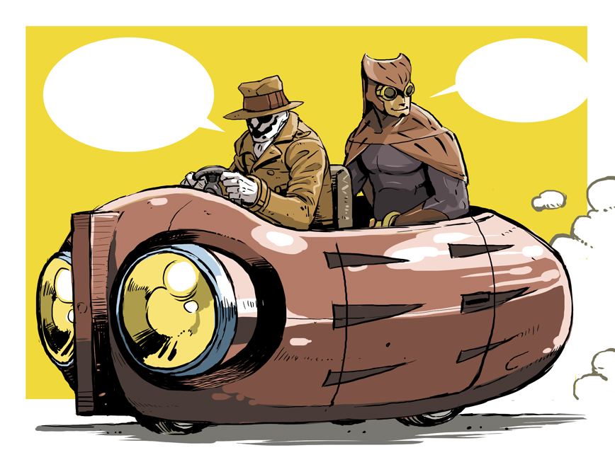 2boys cape car coat commentary_request dc_comics driving fedora gloves go-kart goggles hat looking_away mahito_(tranjistor) male_focus mask motor_vehicle multiple_boys nite_owl parody photoshop_(medium) revision rorschach sitting smile speech_bubble superhero_costume three-wheeler tranjistor trench_coat vehicle_focus watchmen