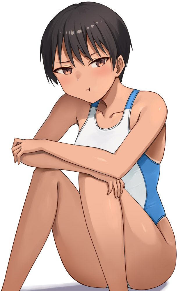 1girl black_hair brown_eyes competition_swimsuit feet_out_of_frame hashi highleg highleg_one-piece_swimsuit one-piece_swimsuit one-piece_tan original short_hair simple_background sitting solo swimsuit tan tanline tomboy two-tone_swimsuit white_background white_one-piece_swimsuit