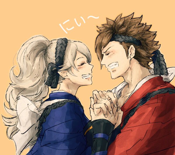 1boy 1girl alternate_hairstyle blonde_hair brown_hair clenched_teeth closed_eyes female_corrin_(fire_emblem) facing_another fire_emblem fire_emblem_fates holding_hands hotate_rayan japanese_clothes nintendo pointy_ears ponytail shiro_(fire_emblem) smile teeth