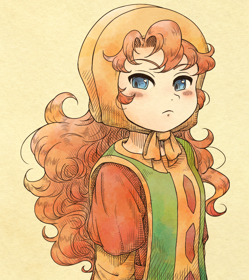 1girl 4ma4ma5ma blue_eyes bonnet commentary_request curly_hair dragon_quest dragon_quest_vii dress green_tabard hatching_(texture) juliet_sleeves long_hair long_sleeves looking_to_the_side maribel_(dq7) orange_hair orange_sleeves puffy_sleeves red_dress solo tabard upper_body woven_hatching yellow_background yellow_bonnet