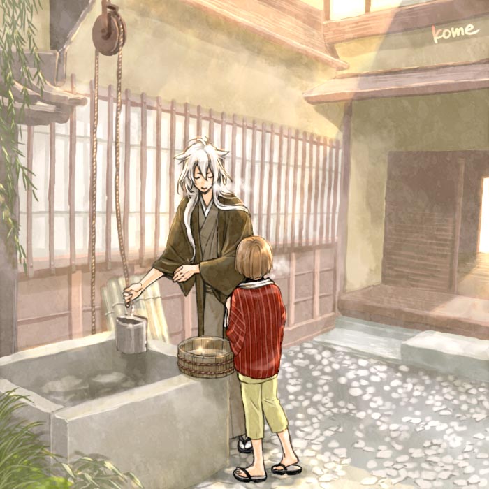 10s 2boys animal_ears architecture bishounen brown_hair bucket closed_eyes east_asian_architecture fox_ears japanese_clothes kogitsunemaru long_hair maeda_toushirou male_focus multiple_boys sandals slice_of_life sunomata tabi thick_eyebrows touken_ranbu very_long_hair well white_hair