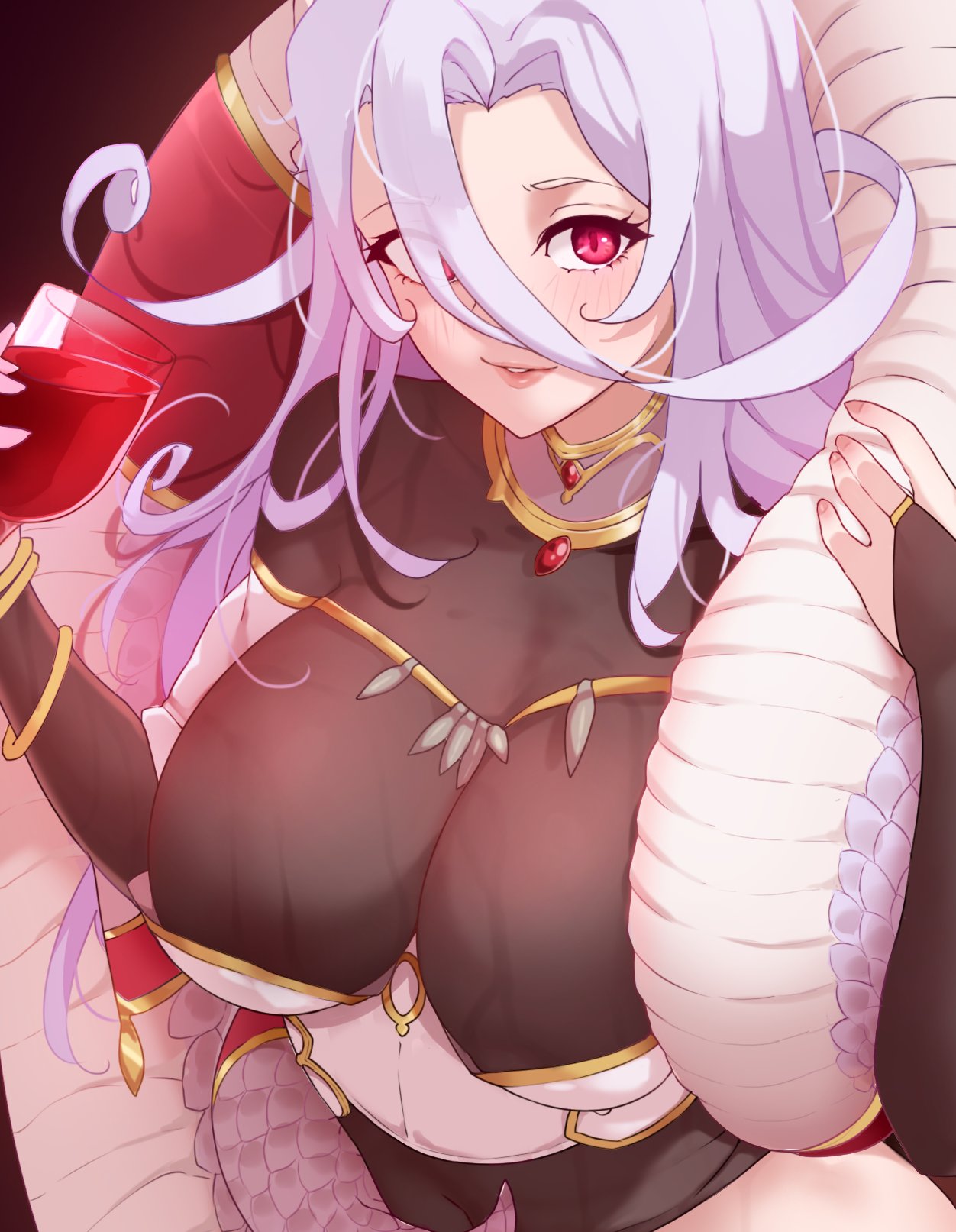 1girl alcohol blush breasts bridal_gauntlets cup drinking_glass hair_between_eyes highres holding holding_cup lamia large_breasts light_purple_hair long_hair looking_at_viewer monster_girl monster_musume_no_oisha-san parted_lips red_eyes saphentite_neikes scales slit_pupils solo tail todding wine wine_glass