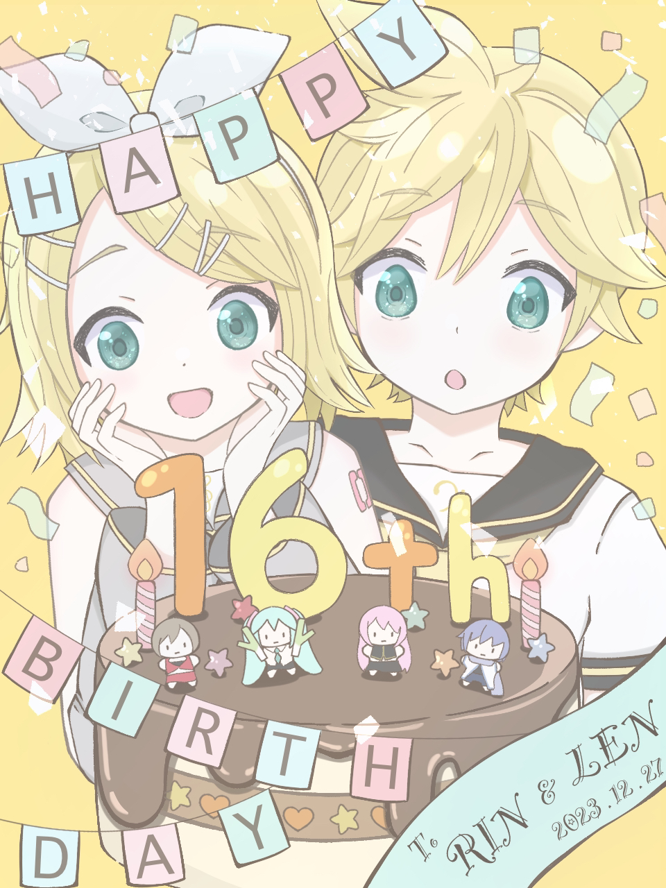 2boys 4girls :d :o anniversary aqua_eyes aqua_hair aqua_necktie arm_tattoo birthday birthday_cake black_sailor_collar black_shirt black_skirt black_vest blonde_hair blue_hair blue_shorts blush bow brown_hair cake cake_decoration candle character_name chibi chocolate_cake collarbone confetti food grey_sailor_collar hair_bow hair_ornament hairclip hands_on_own_cheeks hands_on_own_face happy_birthday hatsune_miku headphones headset heart highres jacket kagamine_len kagamine_rin kaito_(vocaloid) looking_at_object megurine_luka meiko_(vocaloid) mob_face moegi_(user_101526461) multiple_boys multiple_girls necktie open_mouth pink_hair red_skirt red_vest sailor_collar scarf shirt short_hair shorts siblings skirt smile spring_onion star_(symbol) surprised tattoo twins twintails vest vocaloid white_bow white_jacket white_shirt yellow_background yellow_necktie