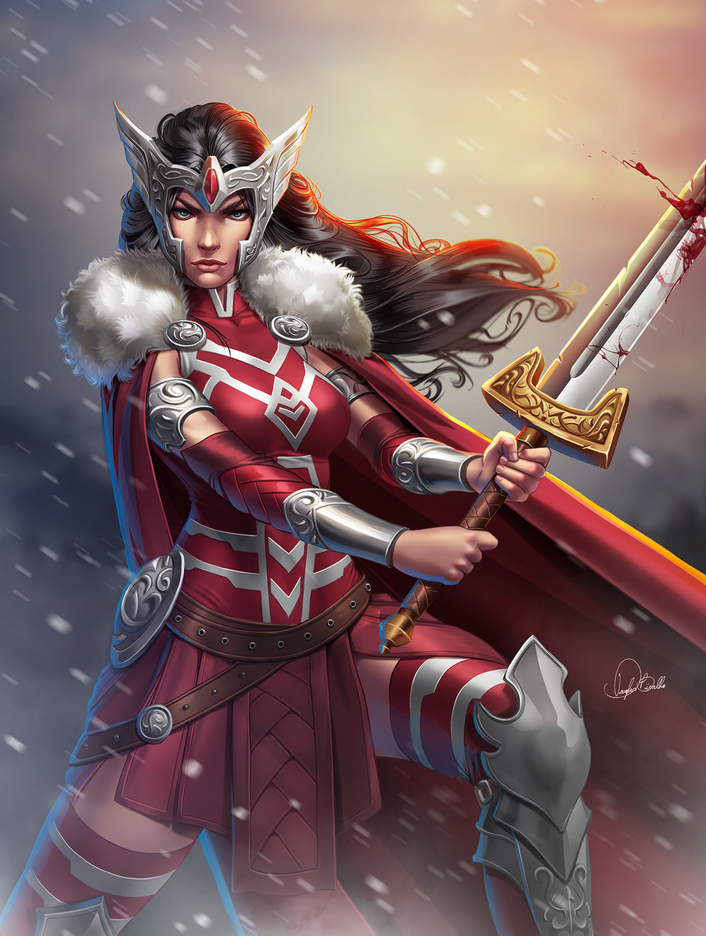 1girl armored_boots belt black_hair blood bloody_weapon blue_eyes boots bracer brown_belt cape douglas_bicalho fur-trimmed_cape fur_trim headwear_request highres holding holding_sword holding_weapon long_hair looking_at_viewer marvel red_cape sif_(marvel) signature solo sword thor_(marvel) weapon