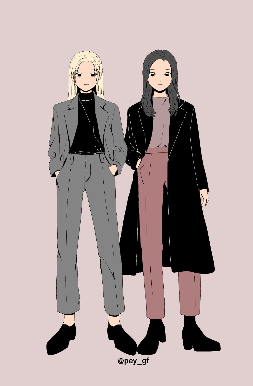 2girls black_coat black_footwear black_hair blonde_hair coat commentary eunha_(gfriend) full_body gfriend grey_pants hand_in_pocket hands_in_pockets highres k-pop looking_at_viewer medium_hair multiple_girls pants pey_gf pink_background pink_pants real_life simple_background twitter_username umji_(gfriend)