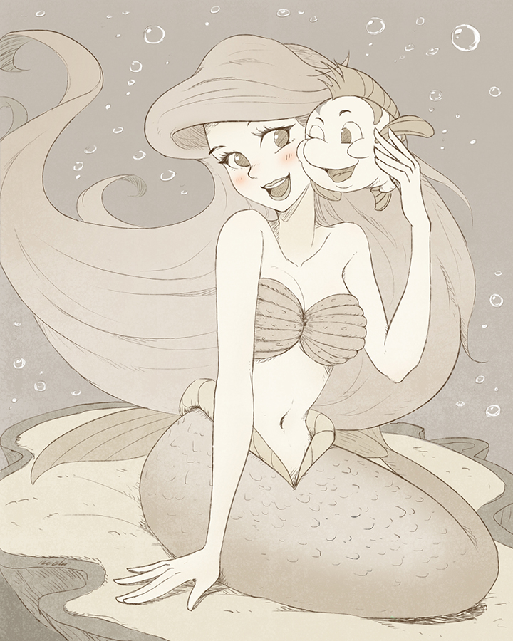 1girl ariel_(disney) bad_id bad_pixiv_id bikini breasts delant female_focus fish hachifuku large_breasts lips mermaid monochrome monster_girl navel one_eye_closed open_mouth shell shell_bikini smile solo the_little_mermaid_(disney) wink