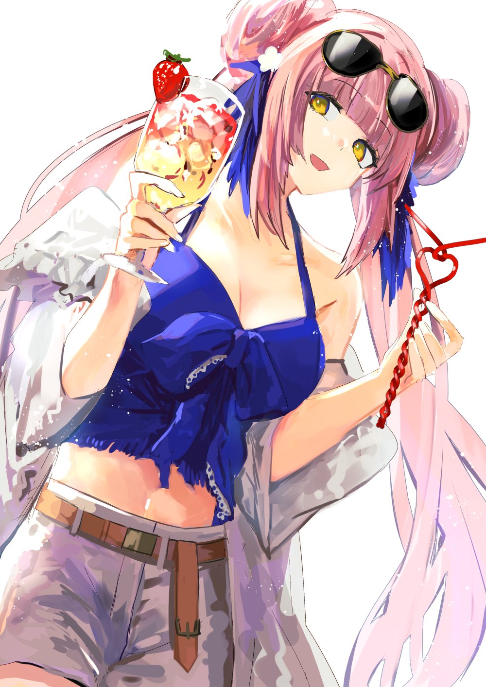 1girl :d arknights blunt_bangs breasts ceylon_(arknights) ceylon_(holiday)_(arknights) cleavage cowboy_shot crop_top cup double_bun drinking_glass drinking_straw food fruit hair_bun highres holding holding_cup iwashi_80 large_breasts long_hair looking_at_viewer midriff official_alternate_costume open_mouth pink_hair smile solo standing strawberry very_long_hair yellow_eyes
