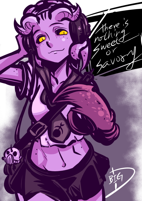 1girl bag big-d black_eyes black_sclera character_request colored_sclera colored_skin daemon_of_slaanesh daemonette demon_girl demon_horns earphones female_focus freckles headphones horns looking_at_viewer midriff miniskirt pincers purple_hair purple_skin short_hair skirt slaanesh slaanesh_(symbol) slit_pupils solo warhammer_40k warhammer_fantasy yellow_eyes yellow_sclera