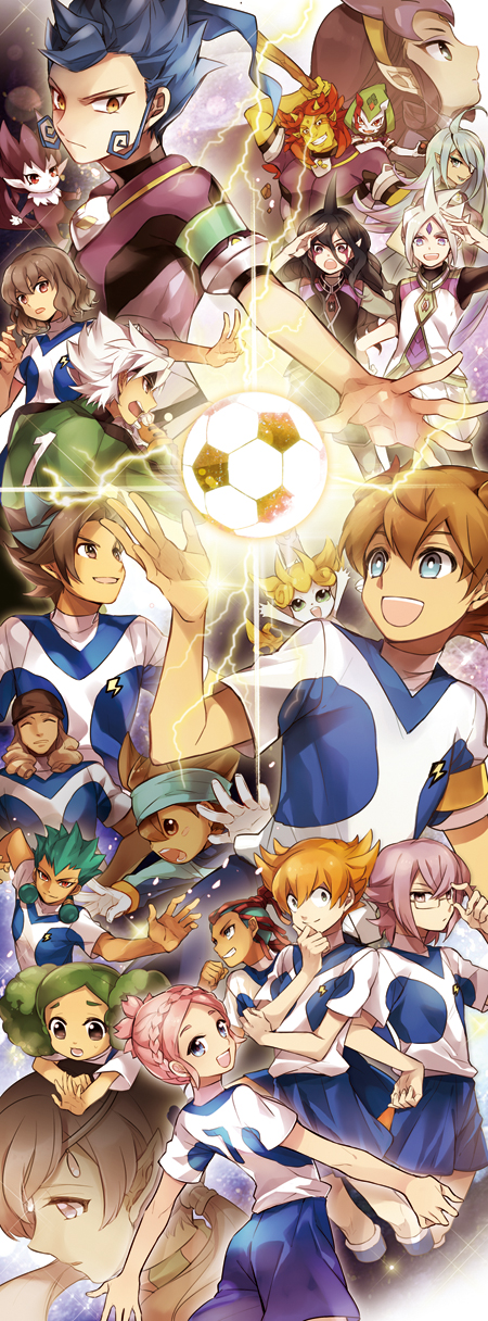 10s 5girls 6+boys ahoge armband bad_id bad_pixiv_id ball baruga_zakkusu black_hair blue_hair braid brown_hair character_request earth_eleven everyone eyepatch faramu_diite gandaresu_baran glasses gloves goalkeeper green_hair grin hairband highres hilary_flail horns ibuki_munemasa ichikawa_zanakurou inazuma_eleven_(series) inazuma_eleven_go inazuma_eleven_go_galaxy katora_peiji kusaka_ryuuji lightning lightning_bolt_symbol long_hair looking_back manabe_jin&#039;ichirou matatagi_hayato matsukaze_tenma minaho_kazuto morimura_konoha multicolored_hair multiple_boys multiple_girls nana0813 nishizono_shinsuke nozaki_sakura open_mouth orange_hair pink_hair pointy_ears purple_hair raraya_obiesu rodan_gasugusu ryugeru_baran shindou_takuto smile soccer_ball soccer_uniform sportswear telstar tetsukado_shin tsurugi_kyousuke two-tone_hair white_hair