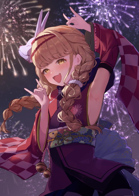 1girl aerial_fireworks arm_up armpits bell blonde_hair blush bow braid breasts checkered_sleeves cowboy_shot detached_sleeves dot_nose dress_bow fang fireworks floating_hair floral_print_sash fox_mask fox_shadow_puppet fujita_kotone gakuen_idolmaster hair_ornament hair_scrunchie hand_up idolmaster japanese_clothes jingle_bell kamurogiku_(idolmaster) kimono long_sleeves looking_at_viewer mask mask_on_head nekoplanetouo night night_sky obi obiage obijime open_mouth outdoors red_kimono red_sleeves ribbon-trimmed_sleeves ribbon_trim sash scrunchie skin_fang sky sleeveless sleeveless_kimono small_breasts smile solo standing twin_braids white_bow white_scrunchie wide_sleeves yellow_eyes