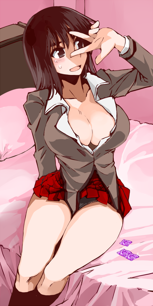 00s 1girl bed breasts cleavage condom cosaten covering_face highres large_breasts panties pleated_skirt red_skirt school_rumble school_uniform sitting skirt suou_mikoto_(school_rumble) sweatdrop underwear v