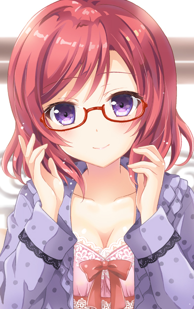 10s 1girl bespectacled bow breasts cleavage collarbone female_focus glasses lace_trim looking_at_viewer love_live! love_live!_school_idol_festival love_live!_school_idol_project medium_breasts nishikino_maki polka_dot purple_eyes red_hair sakurai_makoto_(custom_size) smile solo
