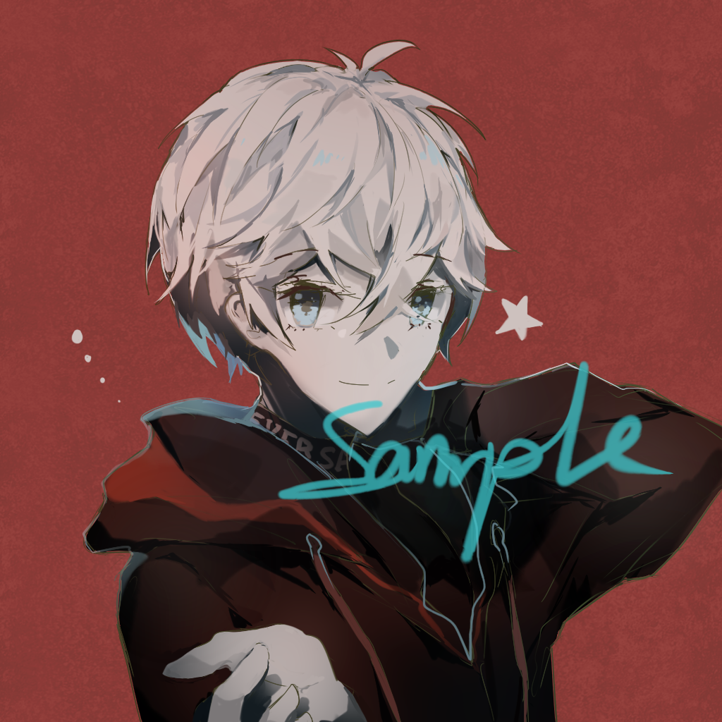 1boy ahoge black_shirt blue_eyes chinese_commentary closed_mouth clothes_writing commentary_request commission crossed_bangs dinned eyelashes hair_between_eyes hand_on_own_knee happy hood hood_down hoodie long_sleeves looking_at_viewer male_focus offering_hand original outstretched_hand pale_skin palms red_background red_hoodie sample_watermark shirt short_hair simple_background smile solo squeans star_(symbol) turtleneck turtleneck_shirt upper_body watermark white_hair