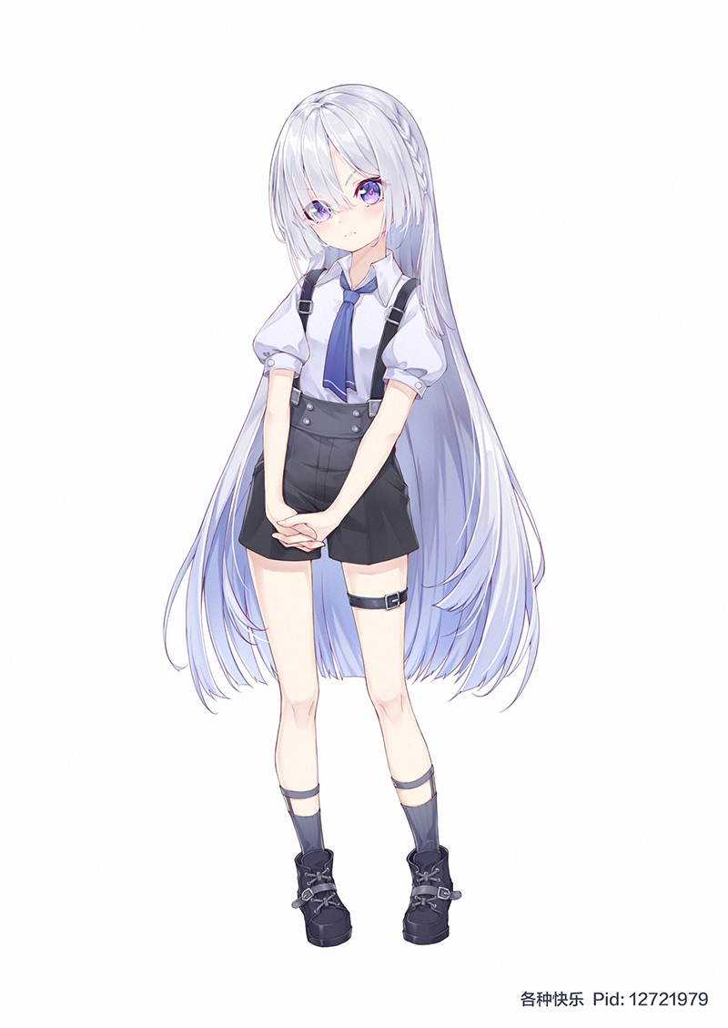 1girl aged_down ak-15_(girls&#039;_frontline) commission eyes_visible_through_hair ge_zhong_kuaile girls&#039;_frontline head_tilt holding_hands long_hair own_hands_together pixiv_commission pixiv_id purple_eyes shoes shorts silver_hair socks solo suspender_shorts suspenders thigh_strap white_background