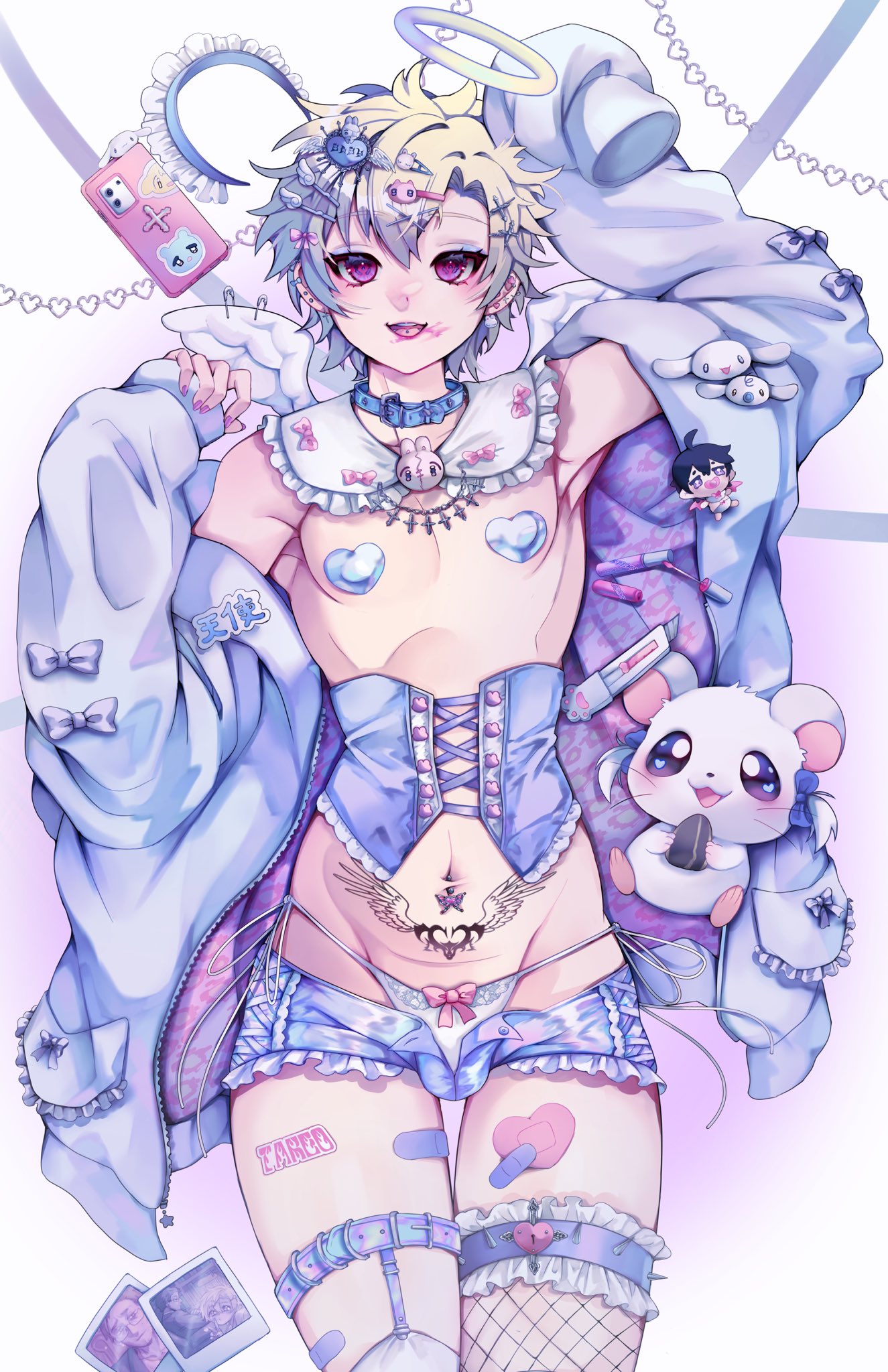1boy blonde_hair bulge cameo cellphone character_doll cinnamoroll commentary corset doll ecchibeef english_commentary fuwa_fuwa_cinnamoroll halo hamtaro_(series) heart_pasties highres jacket legwear_garter male_focus milk_(cinnamoroll) open_clothes open_jacket original panties pasties phone pink_eyes pubic_tattoo purple_shorts ribbon_(hamtaro) sanrio short_hair short_shorts shorts smartphone solo standing stuffed_hamster tattoo trap underwear white_panties yami_kawaii