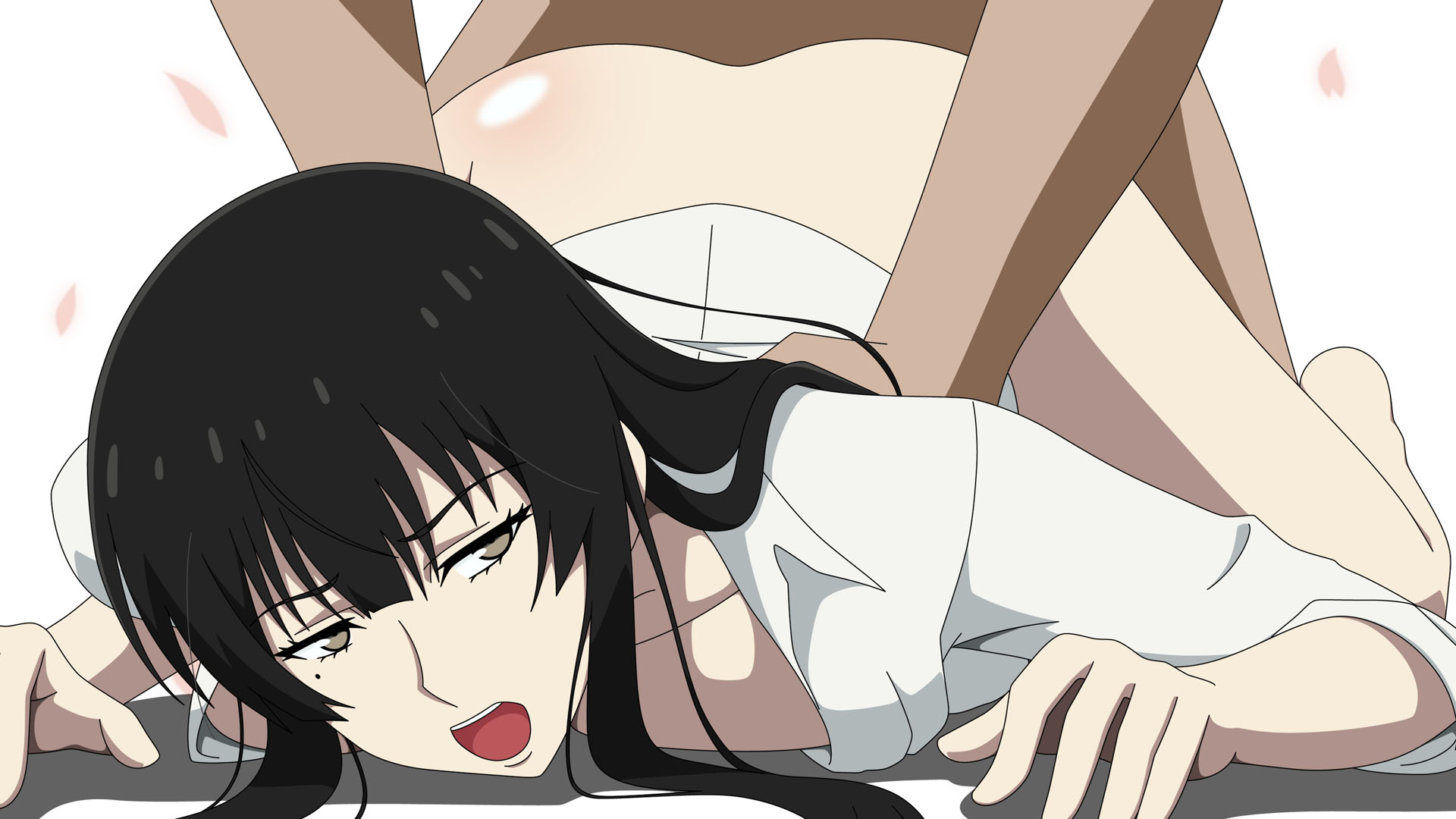 10s 1girl arched_back ass atelier_gons barefoot black_eyes black_hair bottomless breast_press breasts feet highres kujou_sakurako_(sakurako) large_breasts legs long_hair looking_at_viewer mole open_clothes open_mouth petals sakurako-san_no_ashimoto_ni_wa_shitai_ga_umatteiru sex simple_background solo_focus thighs top-down_bottom-up vaginal