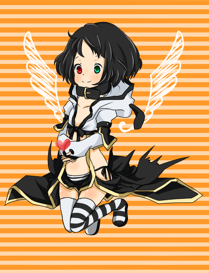 1girl asymmetrical_legwear belt belt_collar black_belt black_hair black_panties black_pants black_thighhighs blush closed_mouth collar commentary_request crop_top drawn_wings flat_chest front_slit full_body green_eyes heart heterochromia hood hood_down hooded_shirt long_sleeves looking_down meiko_(nattu303) mismatched_legwear orange_background panties pants ragnarok_online red_eyes shirt short_hair smile solo striped_background striped_clothes striped_panties striped_thighhighs suspenders thighhighs underwear warlock_(ragnarok_online) white_panties white_shirt white_thighhighs