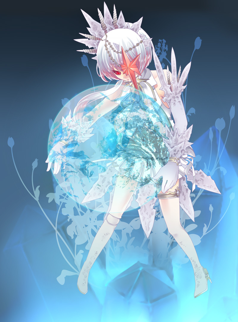 1girl alfa_system blue_hair bow bracelet eyepatch female_focus full_body gloves gradient_background gradient_hair hair_ornament hairpin jewelry midriff multicolored_hair navel planet plant razalis razalis_(tales) red_eyes red_hair ribbon skirt solo tales_of_(series) tales_of_the_world tales_of_the_world_radiant_mythology_3 thighhighs touya_tsuzuru white_gloves white_hair white_thighhighs