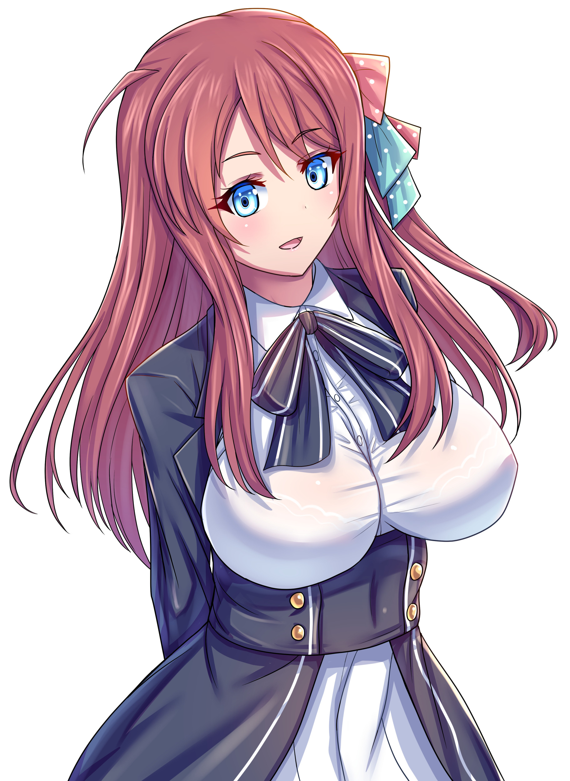 1girl :d absurdres arms_behind_back blue_bow blue_bowtie blue_eyes bow bowtie bra_visible_through_clothes breasts hair_ribbon highres large_breasts long_hair looking_at_viewer minamoto_sakura open_mouth polka_dot polka_dot_ribbon red_hair ribbon school_uniform see-through_clothes serafuku side_ahoge simple_background smile solo upper_body volk_(bo-tan) zombie_land_saga