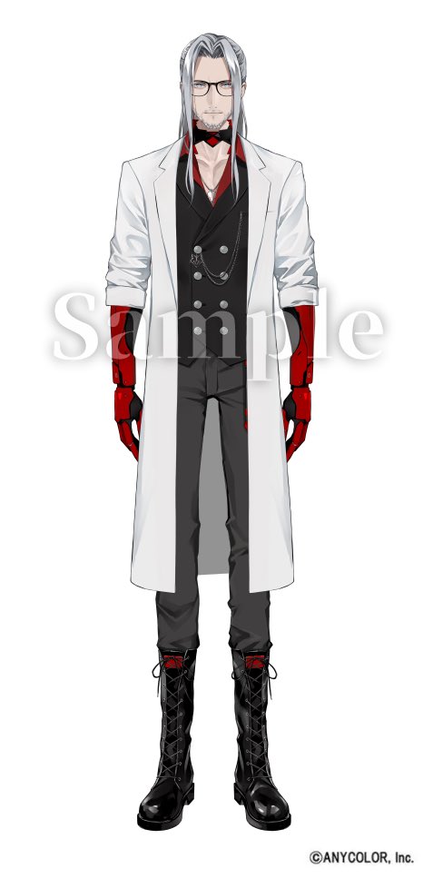 1boy beard black-framed_eyewear black_boots black_vest boots buttons closed_mouth coat collarbone collared_shirt commentary commentary_request company_name copyright_notice double-breasted english_commentary facial_hair fulgur_ovid fulgur_ovid_(3rd_costume) glasses grey_eyes grey_hair grey_pants lab_coat lace-up_boots lam_(ramdayo) lapels long_hair looking_at_viewer male_focus mature_male mechanical_arms mixed-language_commentary nijisanji nijisanji_en official_alternate_costume official_art open_clothes open_coat pants parted_bangs pectoral_cleavage pectorals red_shirt sample_watermark shirt sidelocks simple_background sleeves_rolled_up solo tachi-e vest virtual_youtuber watermark white_background white_coat
