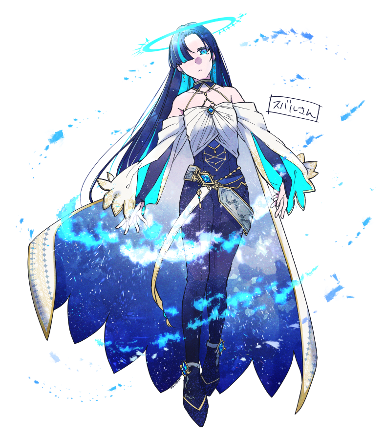1girl aqua_hair aqua_sleeves bare_shoulders belt blue_cape blue_corset blue_eyes blue_footwear blue_gemstone blue_hair blue_halo blue_pants blunt_bangs cape closed_mouth colored_inner_hair corset detached_sleeves earrings energy expressionless flat_chest full_body gem grey_belt hair_over_one_eye halo halter_shirt halterneck head_tilt jewelry layered_sleeves long_hair long_sleeves looking_at_viewer masaki_(star8moon) multicolored_hair original pants shirt simple_background solo standing streaked_hair two-sided_cape two-sided_fabric two-sided_sleeves white_background white_cape white_shirt white_sleeves
