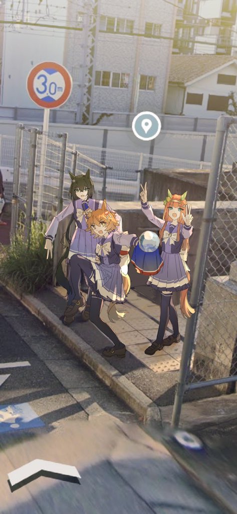 3girls animal_ears black_hair bow bowtie brown_footwear crystal_ball double_v ear_covers hairband high_school_girls_posing_for_google_street_view_(meme) horse_ears horse_girl horse_tail kin&#039;iro_ryotei_(umamusume) long_hair long_sleeves looking_at_viewer matikanefukukitaru_(umamusume) meme multiple_girls open_mouth orange_hair outdoors outstretched_arms photo_background purple_shirt purple_skirt purple_thighhighs ria_(i_am_ria) school_uniform shirt shoes short_hair silence_suzuka_(umamusume) skirt smile standing standing_on_one_leg tail thighhighs tracen_school_uniform umamusume v