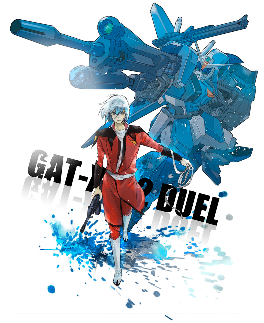 1boy armor assault_rifle bandages beam_rifle blue_eyes boots cannon duel_gundam energy_gun gun gundam gundam_seed m16 m16a2 male_focus mecha military military_uniform rifle robot shield short_hair silver_hair solo weapon yzak_joule