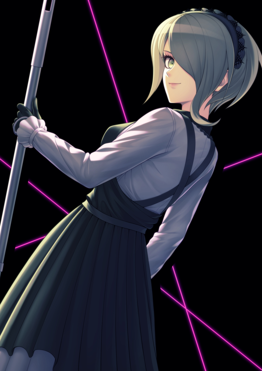 1girl black_background black_dress blonde_hair breasts closed_mouth commentary_request cowboy_shot danganronpa_(series) danganronpa_v3:_killing_harmony dress from_behind gloves hair_over_one_eye highres holding long_sleeves maid_headdress medium_breasts shirt short_hair smile solo taba_neruko tojo_kirumi white_shirt