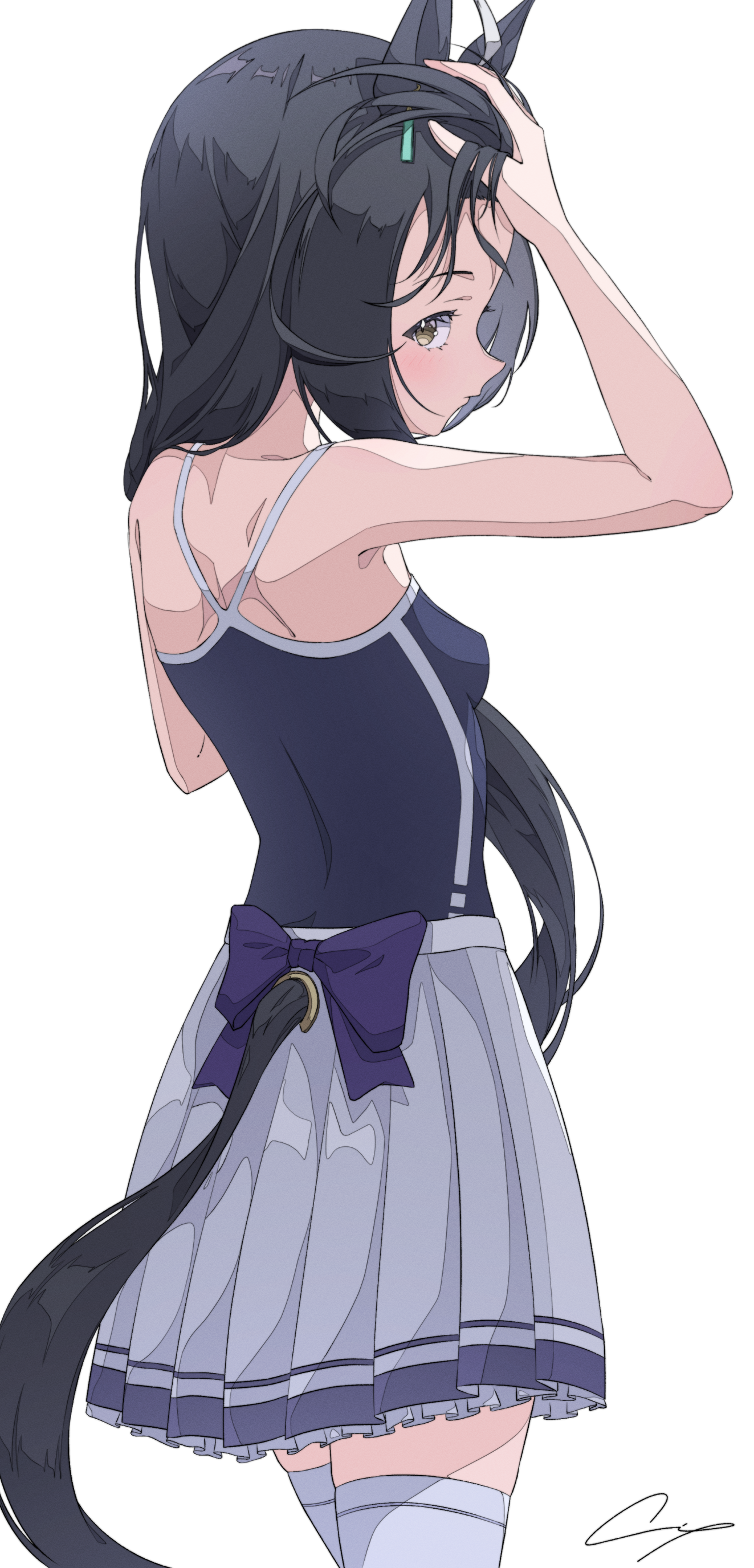 1girl absurdres animal_ears black_hair blue_one-piece_swimsuit bow breasts ci4 ear_tag from_behind highres horse_ears horse_tail long_hair manhattan_cafe_(umamusume) one-piece_swimsuit pleated_skirt purple_bow simple_background skirt small_breasts solo swimsuit tail thighhighs tracen_swimsuit umamusume white_background white_skirt white_thighhighs yellow_eyes