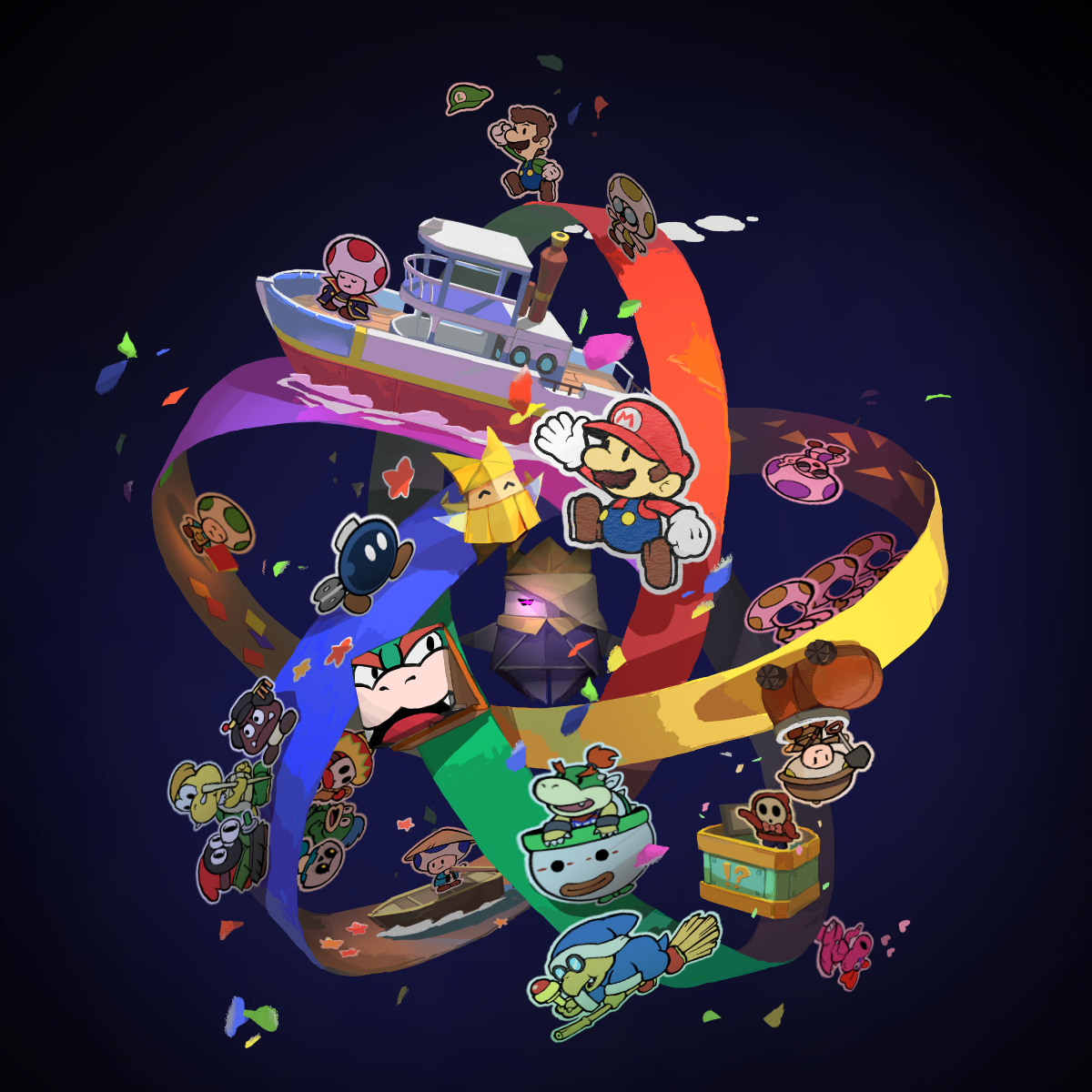 2boys arm_up big_nose birdo black_eyes blue_background blue_overalls boat bob-omb bobby_(paper_mario) bone_goomba bowser bowser_jr. broom broom_riding brothers brown_footwear brown_hair newsboy_cap captain_t._ode clenched_hand clenched_hands confetti dj_toad emcee_shy_guy facial_hair gloves goomba green_hat hat hat_loss heart highres kamek kancho_kinopio king_olly koopa_troopa long_sleeves luigi mario mario_(series) messy_hair multiple_boys mustache nintendo oarsman_(mario) official_style olivia_(paper_mario) origami origami_craftsman overalls paper paper_mario paper_mario:_the_origami_king parody professor_toad_(mario) red_hat red_shirt rinabee_(rinabele0120) shirt shoes short_hair shy_guy siblings snifit solid_oval_eyes sombrero_guy spike_(mario) streamers style_parody toad_(mario) watercraft white_gloves