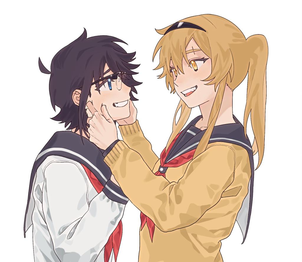 2girls black_hair black_headband black_sailor_collar blonde_hair blue_eyes cardigan cheek_pinching forced_smile hands_on_another&#039;s_face headband jiguang_haibao koishikawa_iko long_hair long_sleeves momijiyama_teru multiple_girls necktie open_mouth pinching ponytail red_necktie sailor_collar scar_across_eyebrow school_uniform semi-rimless_eyewear serafuku shirt short_hair shy_(series) simple_background sweatdrop white_background white_serafuku white_shirt white_stripes yellow_cardigan yellow_eyes yuri