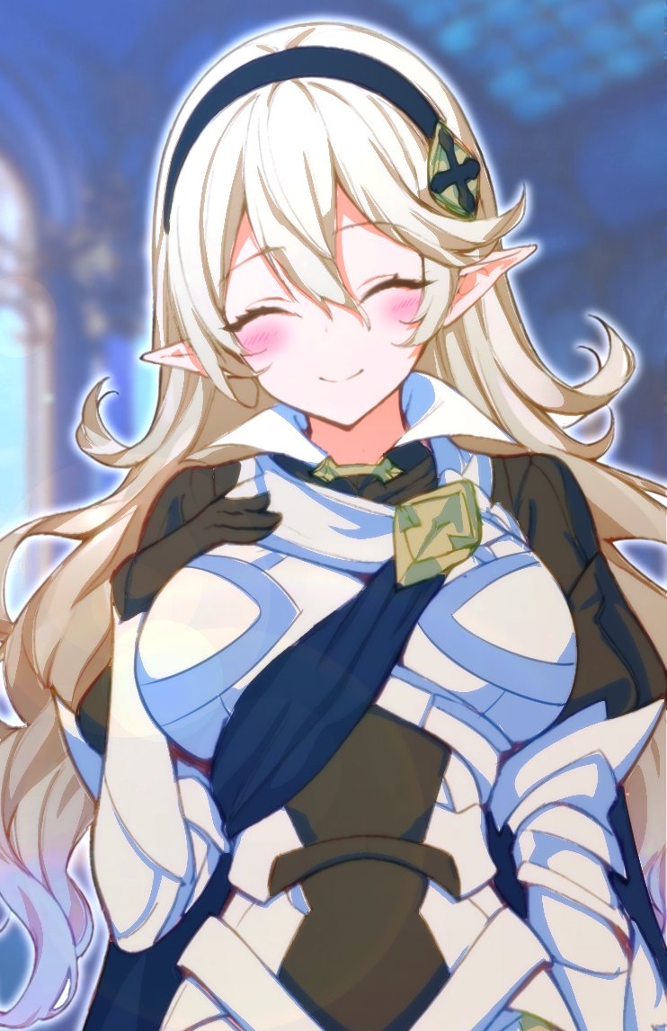 1girl ^_^ blonde_hair blue_hairband blurry blurry_background blush breasts closed_eyes closed_mouth commentary_request corrin_(female)_(fire_emblem) corrin_(fire_emblem) fire_emblem fire_emblem_fates hair_between_eyes hairband hand_on_own_chest kakk_e large_breasts nintendo pointy_ears smile solo upper_body