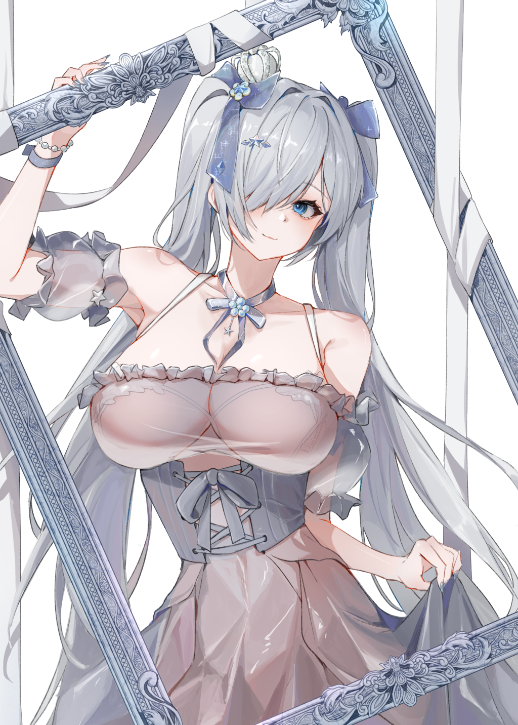 1girl arm_cuffs bare_shoulders blue_eyes blue_nails blue_ribbon bracelet breasts cinderella_(glass_princess)_(nikke) cinderella_(nikke) collarbone commentary corset cowboy_shot diamond_(shape) dress english_commentary goddess_of_victory:_nikke hair_over_one_eye hair_ribbon highres holding holding_picture_frame jewelry lace large_breasts long_hair looking_at_viewer nail_polish neck_ribbon official_alternate_costume picture_frame ribbon ru_yan see-through_clothes simple_background skirt_hold smile solo spaghetti_strap star_(symbol) twintails white_background white_dress white_hair white_ribbon wrist_ribbon