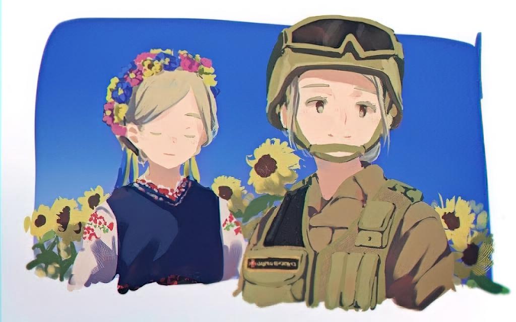 2girls blonde_hair blue_sky closed_eyes clothes_writing day flower goggles goggles_on_headwear hair_bun helmet kikurina military military_combat_uniform military_uniform multiple_girls original outdoors portrait russo-ukrainian_war single_hair_bun sky smile standing sunflower ukraine ukrainian_clothes ukrainian_ground_forces vyshyvanka
