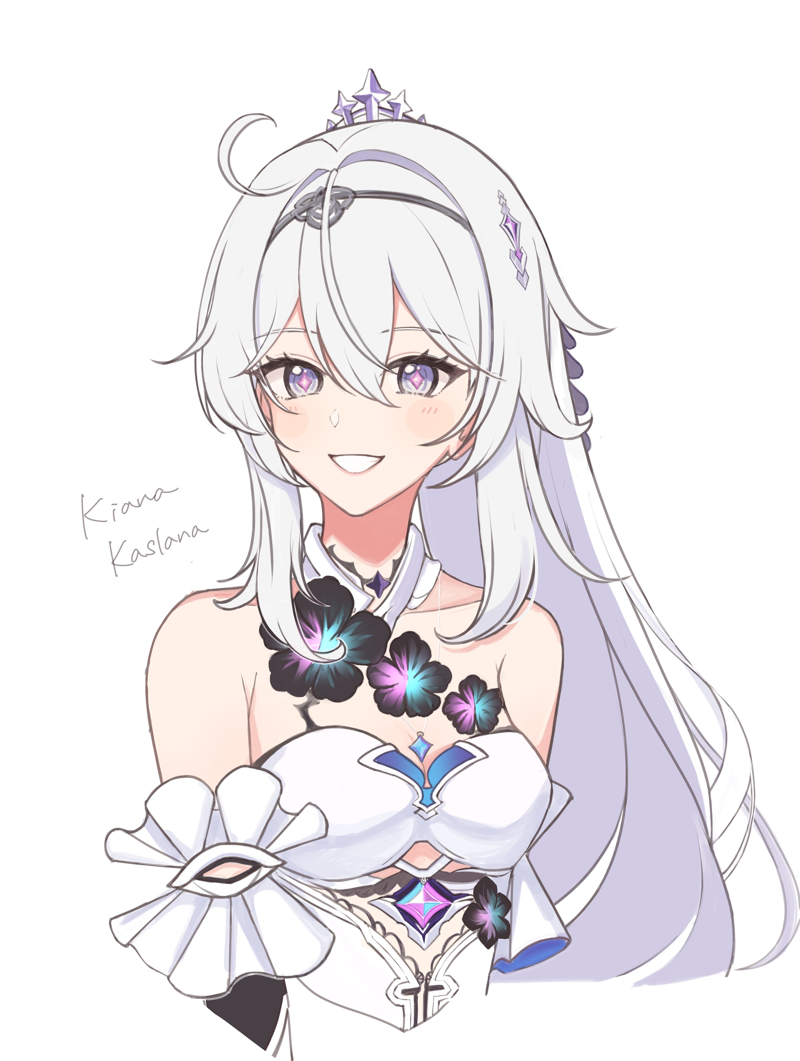 1girl absurdres ahoge bare_shoulders black_flower breasts character_name cleavage commentary cropped_torso dress flower hair_between_eyes high_ponytail highres honkai_(series) honkai_impact_3rd kiana_kaslana kiana_kaslana_(herrscher_of_finality) long_hair looking_at_viewer ponytail purple_eyes sazisazi50 simple_background smile solo very_long_hair white_background white_dress white_hair