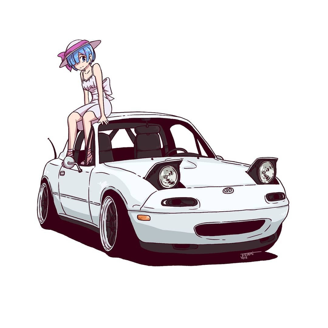 1girl asymmetrical_bangs back_bow blue_hair bow car closed_mouth commentary dress english_commentary eunos_roadster hair_ornament hair_over_one_eye hairclip hat jestami looking_at_viewer mazda mazda_mx-5 mazda_mx-5_na motor_vehicle on_car radio_antenna re:zero_kara_hajimeru_isekai_seikatsu rem_(re:zero) short_hair signature simple_background sitting_on_car smile solo sun_hat vehicle_focus white_background white_dress white_footwear white_hat