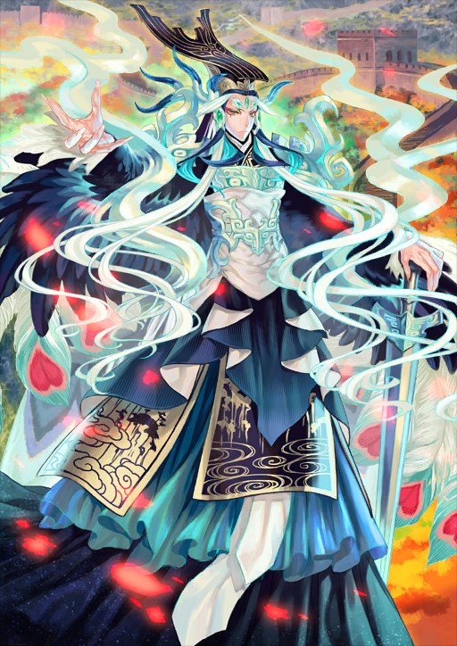 1boy aqua_hair azuma_toh bishounen blue_feathers blue_hair chinese_clothes closed_mouth clothing_request expressionless eyeliner eyeshadow fate/grand_order fate_(series) feathers floating_hair forehead_jewel game_cg great_wall_of_china green_eyeliner hair_tie hand_on_hilt hand_up hat headwear_request long_hair makeup male_focus multicolored_hair official_art red_eyes red_eyeshadow shi_huang_di_(fate) shi_huang_di_(third_ascension)_(fate) solo sword third-party_source very_long_hair weapon white_hair winged_arms wings