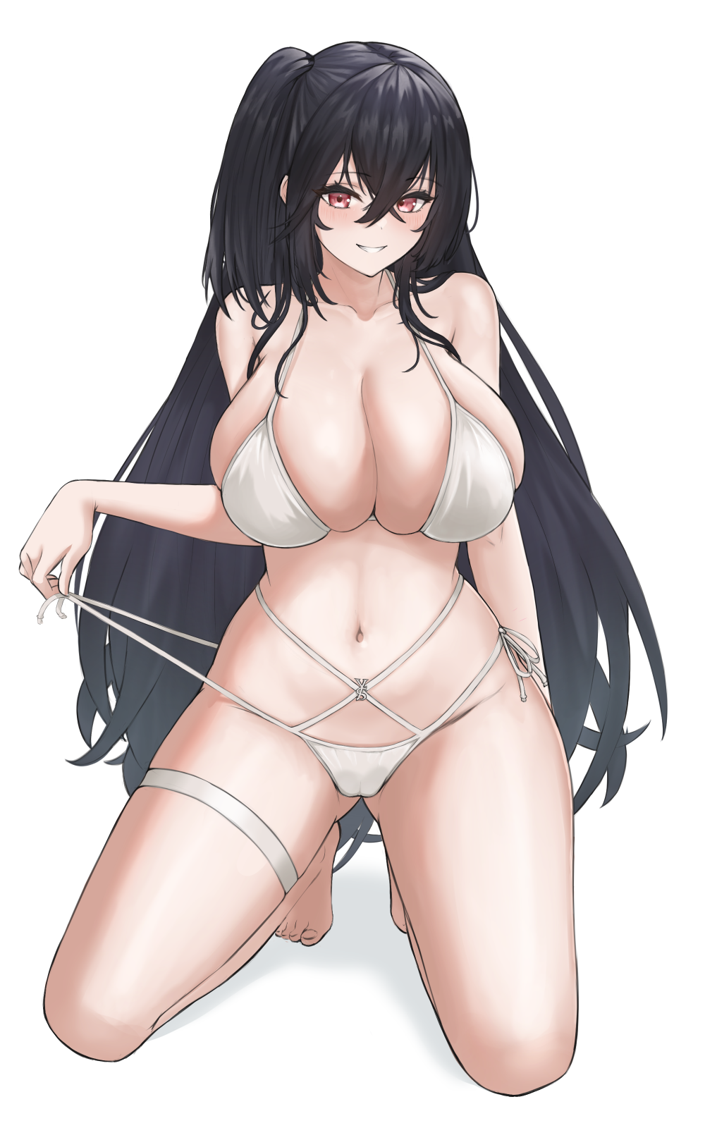 1girl azur_lane barefoot bikini black_hair breasts crossed_bangs full_body grin highres large_breasts long_hair navel one_side_up pulling_own_clothes red_eyes simple_background smile solo squatting stomach strap_pull swimsuit taihou_(azur_lane) taihou_(seaside_daydreams)_(azur_lane) thigh_strap thighs very_long_hair vik_(xypt7474) white_background white_bikini