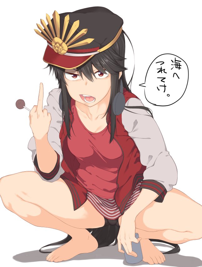 1girl bad_id bad_twitter_id barefoot beer_can black_hair can candy drink_can fate/grand_order fate_(series) food hat headphones jacket lollipop long_hair middle_finger oda_nobunaga_(fate) oda_nobunaga_(koha-ace) red_eyes spirytus_tarou squatting