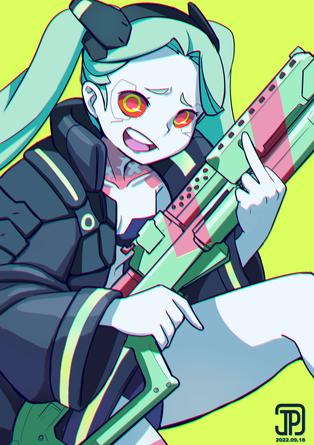 1girl artificial_eye breasts colored_sclera cyberpunk_(series) cyberpunk_edgerunners green_background green_hair gun highres holding holding_gun holding_weapon jacket jpc mechanical_eye middle_finger open_mouth rebecca_(cyberpunk) red_eyes red_sclera simple_background small_breasts solo teeth twintails upper_teeth_only weapon