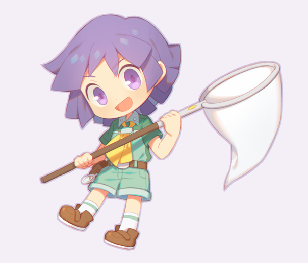 1boy :d belt belt_buckle belt_pouch brown_belt brown_shoes buckle bugsy_(pokemon) butterfly_net chibi collared_shirt commentary_request full_body green_shirt green_shorts hand_net happy holding holding_butterfly_net kneehighs magnifying_glass male_focus medium_hair neckerchief nintendo open_mouth pokemon pokemon_hgss pouch purple_eyes purple_hair shirt shoes short_sleeves shorts simple_background smile socks solo white_background wusagi2 yellow_neckerchief