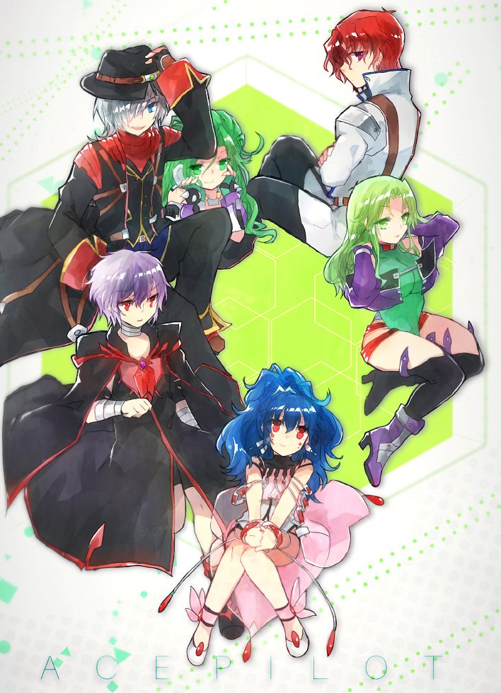 2boys alfimi armor artist_request aschen_brodel banpresto bare_legs blue_hair facial_mark green_hair harken_browning hat lamia_loveless leotard long_hair multiple_boys multiple_girls red_eyes short_hair smile super_robot_wars