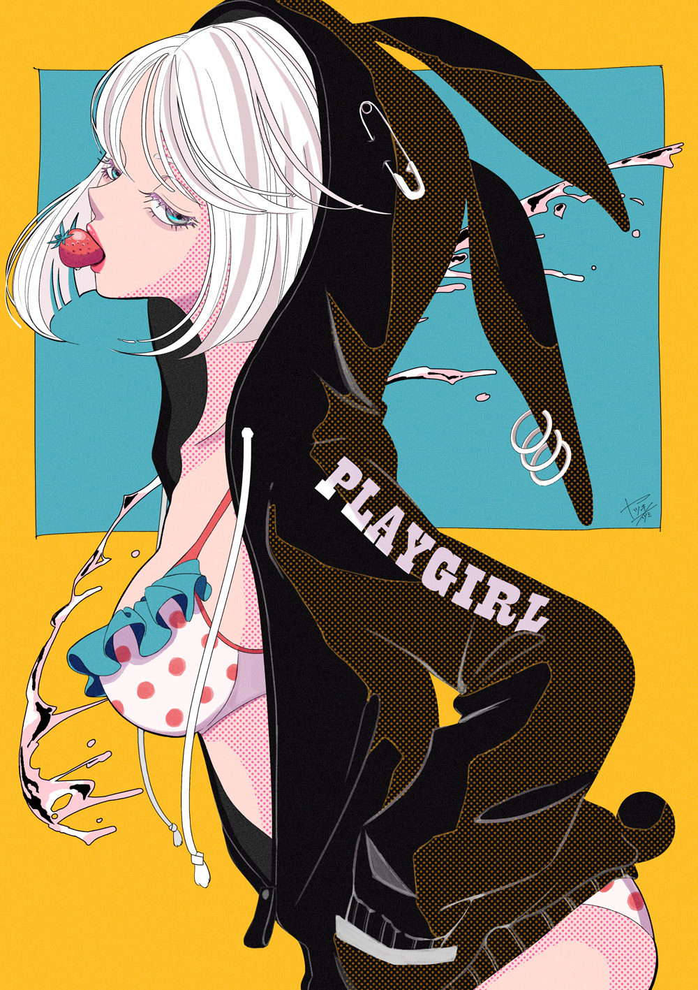 1girl animal_ears animal_hood aqua_eyes asymmetrical_hair bikini black_jacket bob_cut earrings embroidery_hoop food food_in_mouth frills fruit half-closed_eyes highres hood jacket jewelry leotard looking_at_viewer original playboy_bunny pop_art rabbit_ears rabbit_hood rabbit_tail safety_pin short_hair strawberry swimsuit tail white_hair yatsuki_natsumi