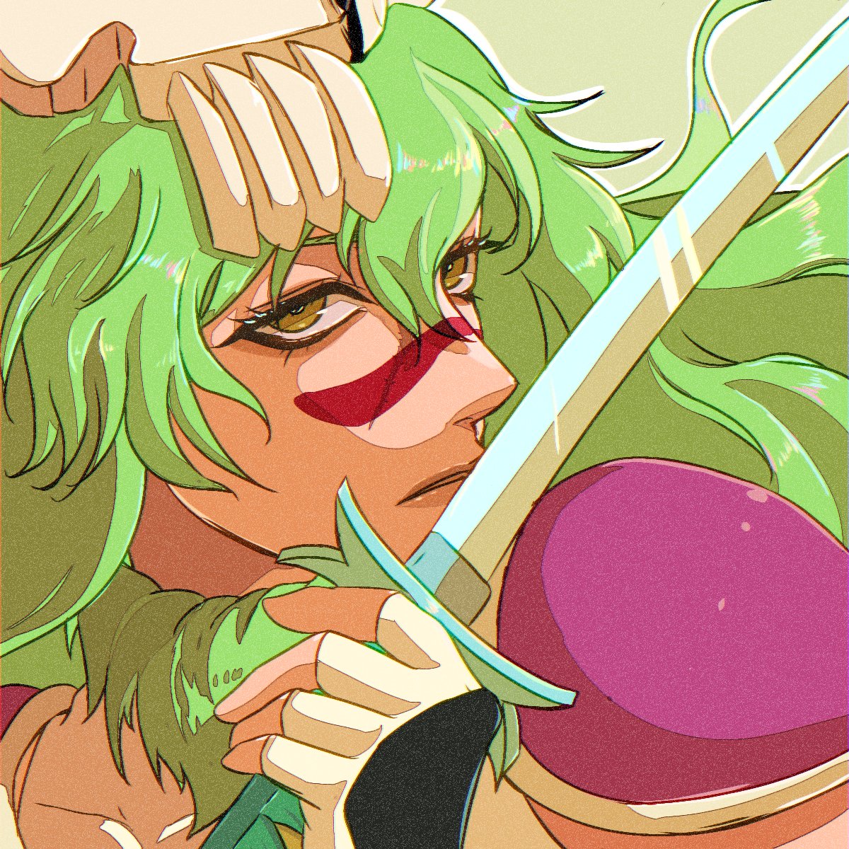 1girl armor bleach bleach:_sennen_kessen-hen brown_lips facial_mark fingerless_gloves gloves green_hair grey_background hair_between_eyes highres holding holding_sword holding_weapon kiss long_hair looking_at_viewer nelliel_tu_odelschwanck parted_lips pauldrons shoulder_armor skull_on_head solo strikek-lvvjm27 sword upper_body wavy_hair weapon white_gloves yellow_eyes